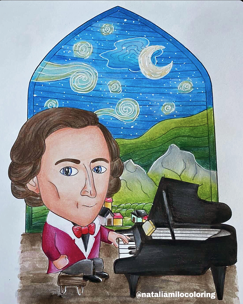 Chopin coloured with water colour pencils