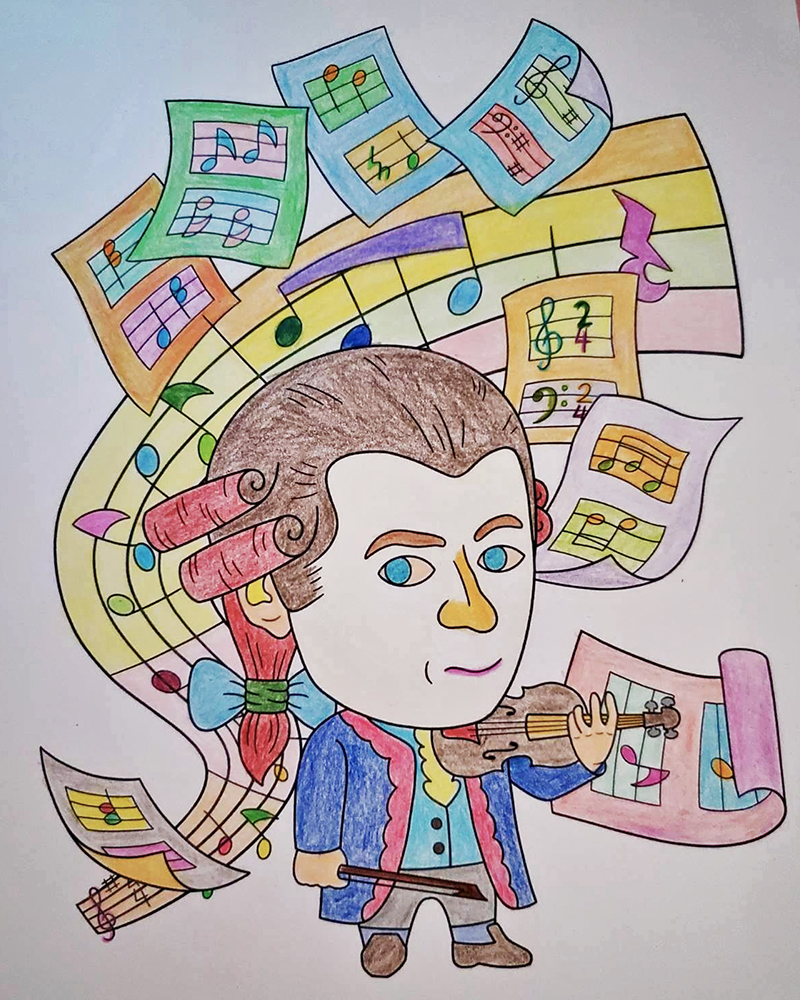 Composer Mozart coloured in by young artist